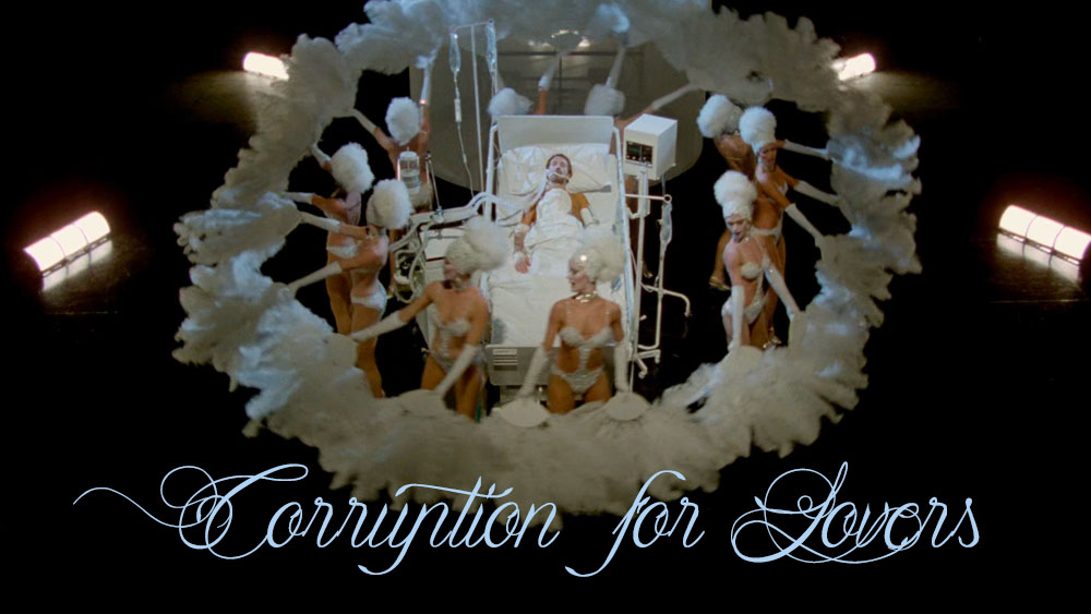 A still from All That Jazz: a man in a hospital gurney encircled dancing showgirls.