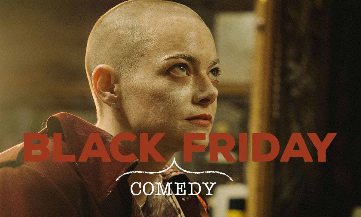 Photo of Emma Stone, head shaved, in Bugonia, with the text 'Black (comedy) Friday